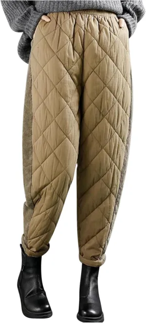 Women's Winter Quilted Pants Down Cotton Pants Elastic Waist Oversized Trousers Loose Outdoor Padded Warm Casual Pants
