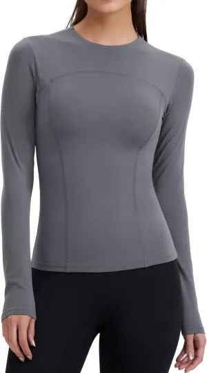 Womens Yoga Tops Long Sleeve Tight Workout Shirts Slim Fit Stretch Cream Feeling Gym Athletic Tee Crewneck