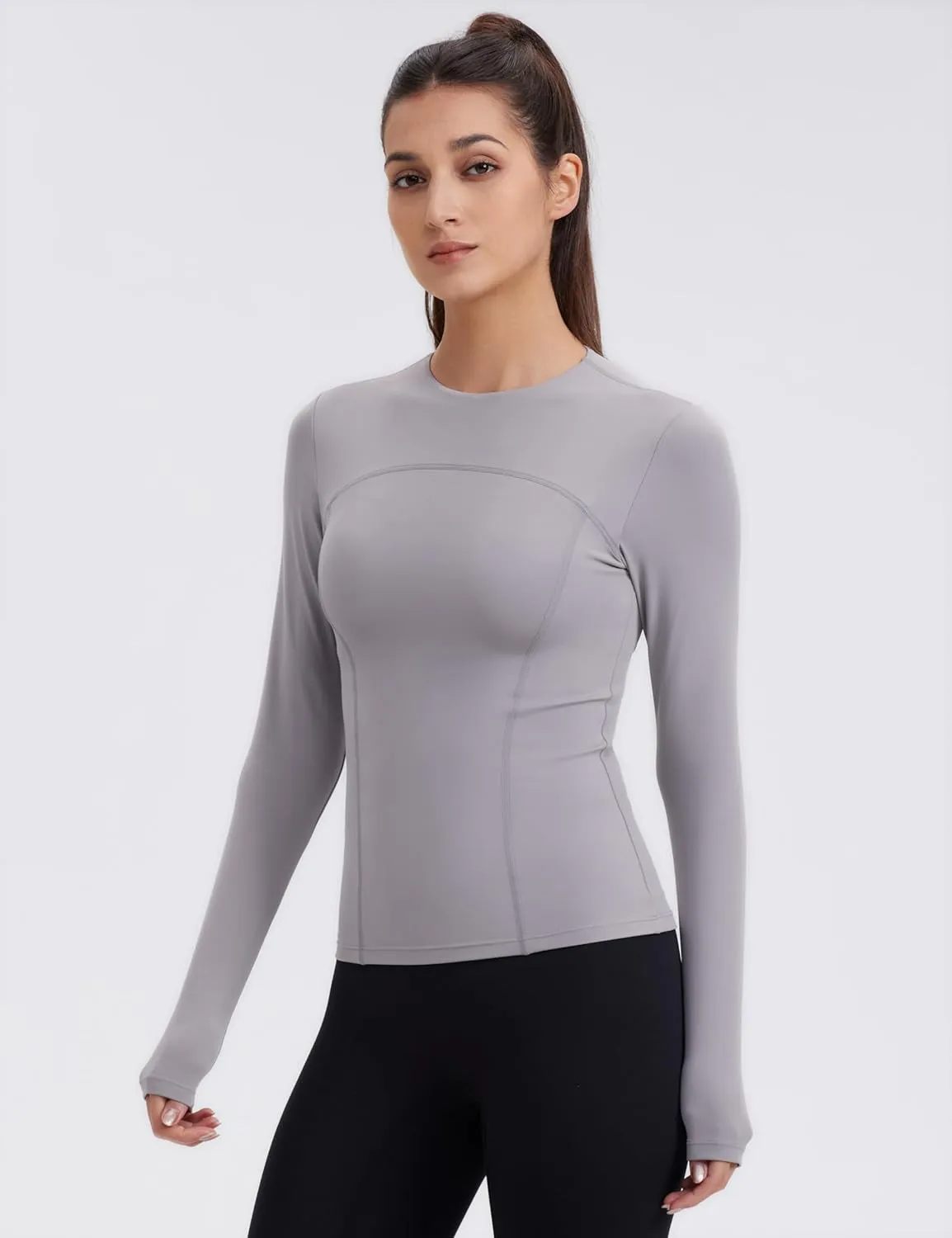 Womens Yoga Tops Long Sleeve Tight Workout Shirts Slim Fit Stretch Cream Feeling Gym Athletic Tee Crewneck