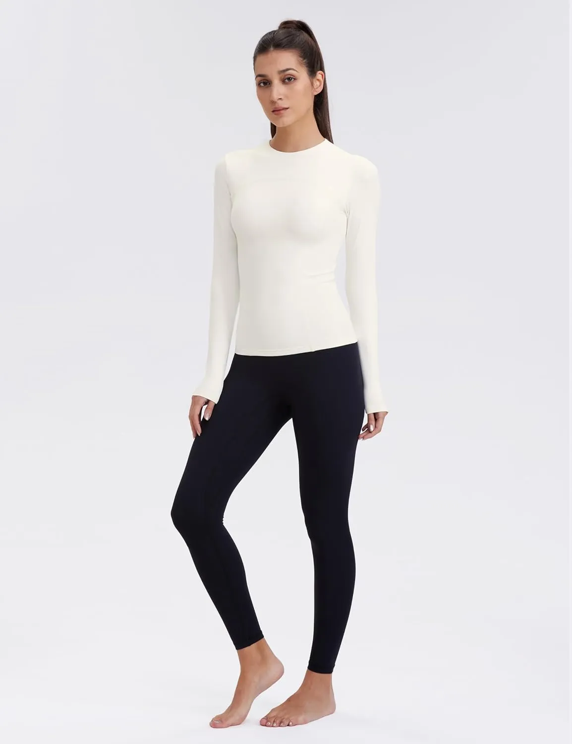 Womens Yoga Tops Long Sleeve Tight Workout Shirts Slim Fit Stretch Cream Feeling Gym Athletic Tee Crewneck