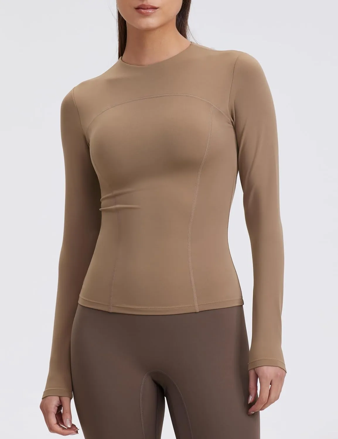 Womens Yoga Tops Long Sleeve Tight Workout Shirts Slim Fit Stretch Cream Feeling Gym Athletic Tee Crewneck