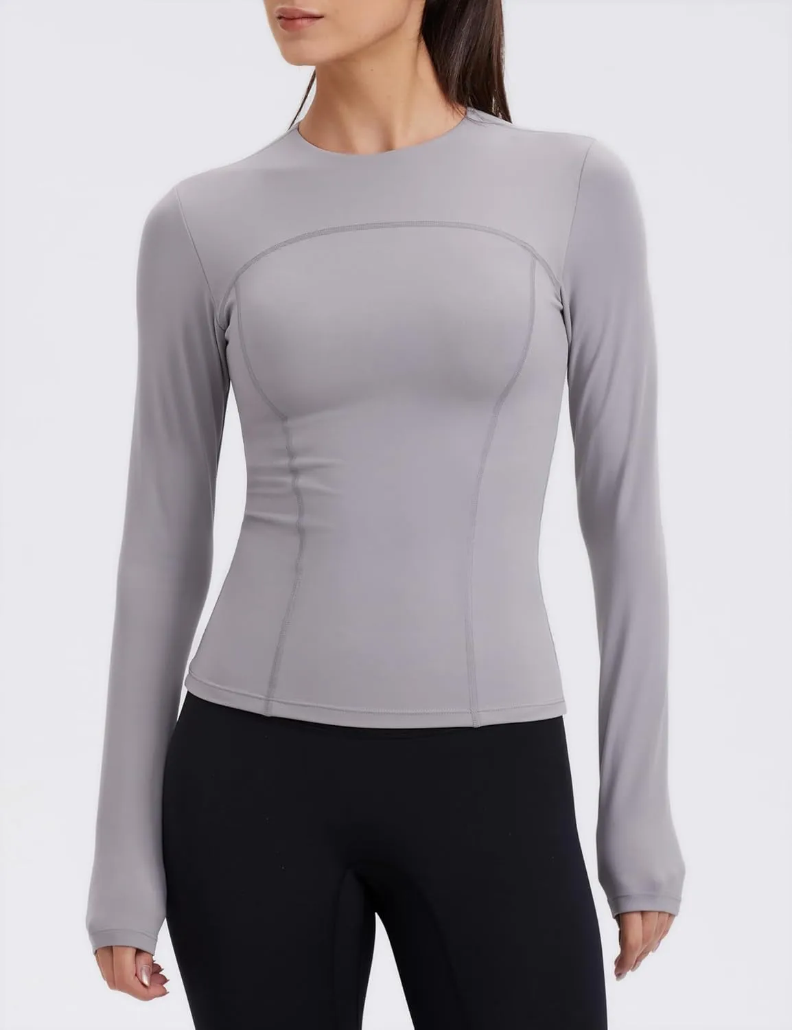 Womens Yoga Tops Long Sleeve Tight Workout Shirts Slim Fit Stretch Cream Feeling Gym Athletic Tee Crewneck