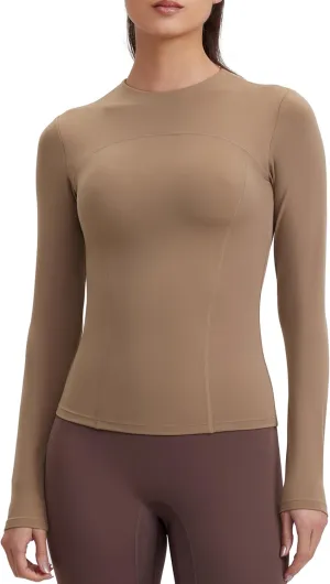 Womens Yoga Tops Long Sleeve Tight Workout Shirts Slim Fit Stretch Cream Feeling Gym Athletic Tee Crewneck