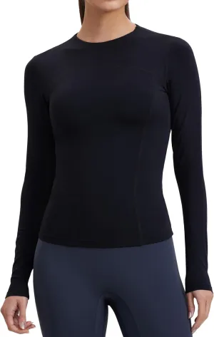Womens Yoga Tops Long Sleeve Tight Workout Shirts Slim Fit Stretch Cream Feeling Gym Athletic Tee Crewneck