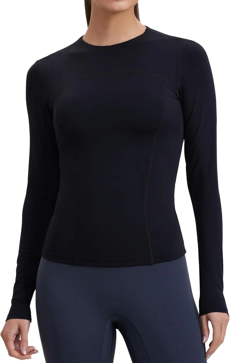 Womens Yoga Tops Long Sleeve Tight Workout Shirts Slim Fit Stretch Cream Feeling Gym Athletic Tee Crewneck