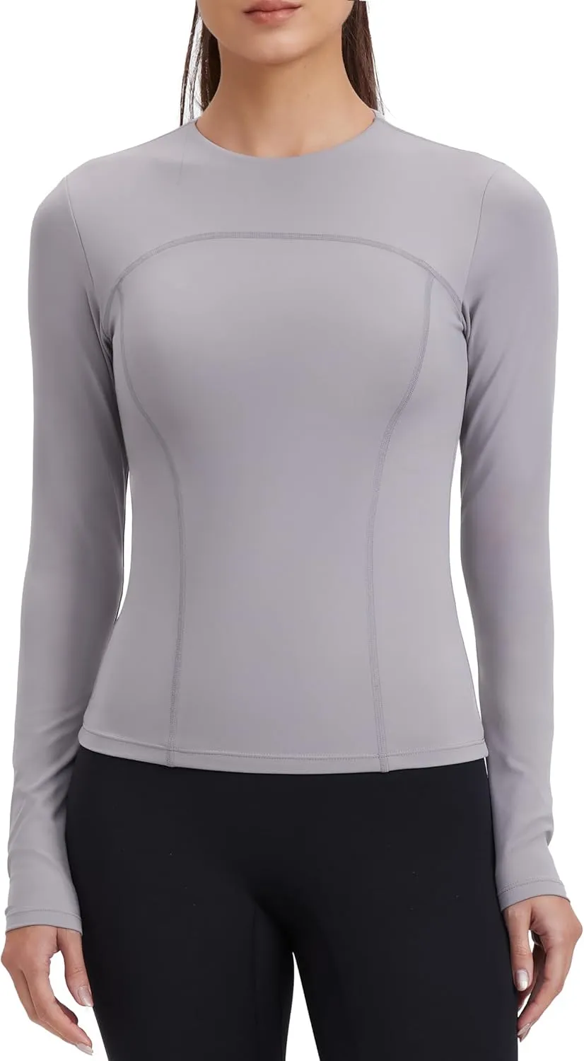 Womens Yoga Tops Long Sleeve Tight Workout Shirts Slim Fit Stretch Cream Feeling Gym Athletic Tee Crewneck