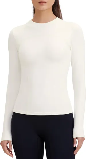 Womens Yoga Tops Long Sleeve Tight Workout Shirts Slim Fit Stretch Cream Feeling Gym Athletic Tee Crewneck