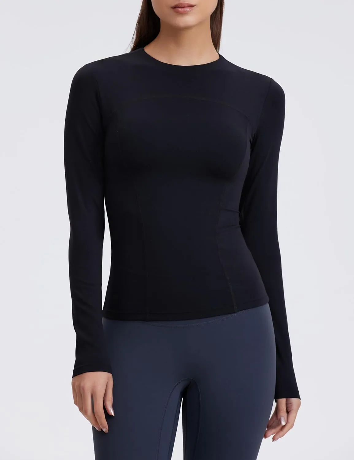 Womens Yoga Tops Long Sleeve Tight Workout Shirts Slim Fit Stretch Cream Feeling Gym Athletic Tee Crewneck