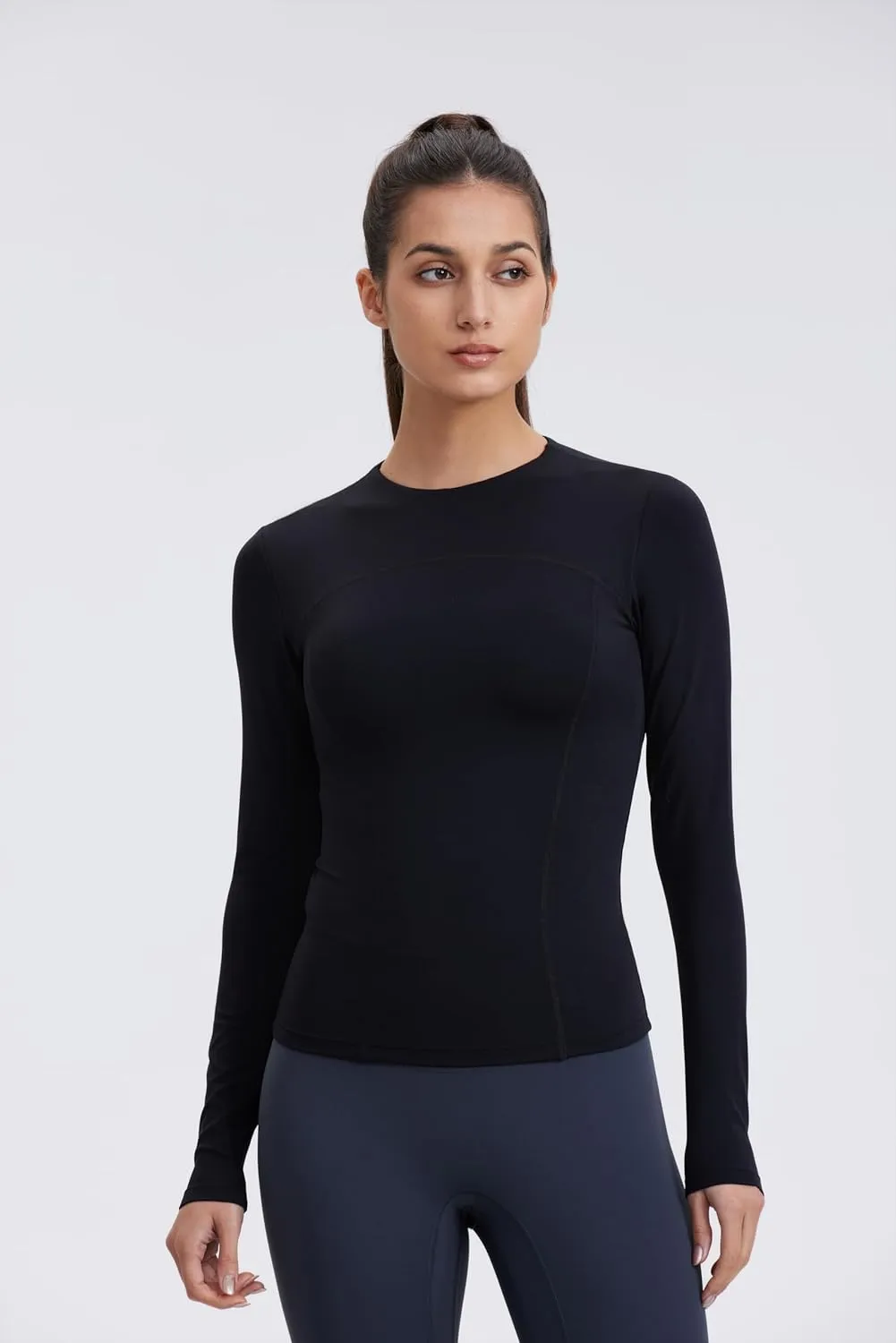 Womens Yoga Tops Long Sleeve Tight Workout Shirts Slim Fit Stretch Cream Feeling Gym Athletic Tee Crewneck