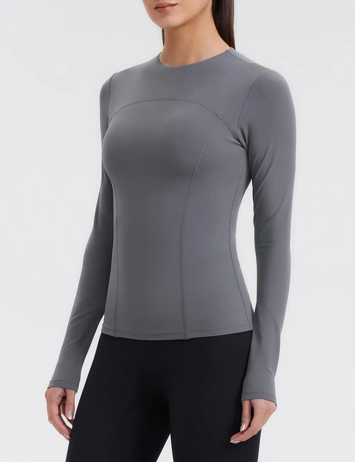 Womens Yoga Tops Long Sleeve Tight Workout Shirts Slim Fit Stretch Cream Feeling Gym Athletic Tee Crewneck