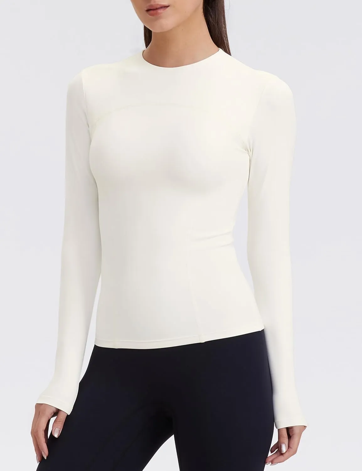 Womens Yoga Tops Long Sleeve Tight Workout Shirts Slim Fit Stretch Cream Feeling Gym Athletic Tee Crewneck