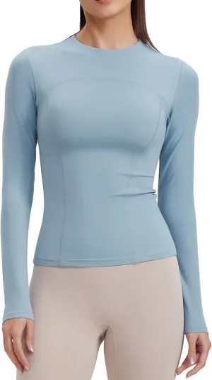 Womens Yoga Tops Long Sleeve Tight Workout Shirts Slim Fit Stretch Cream Feeling Gym Athletic Tee Crewneck
