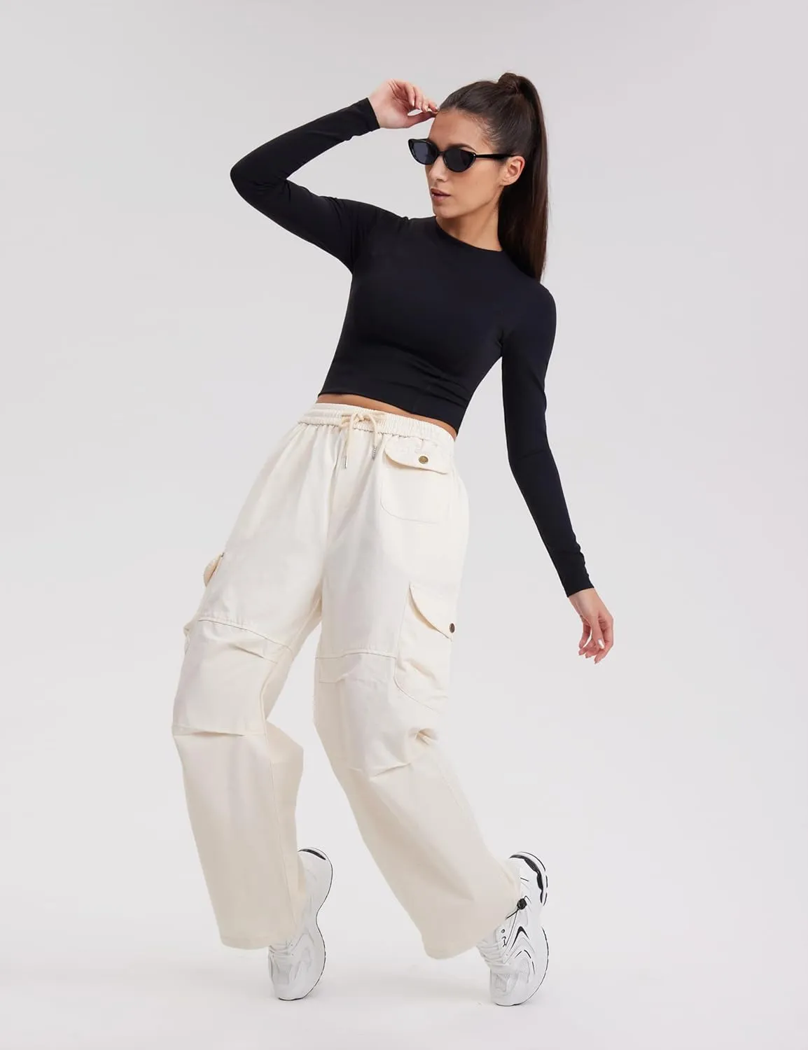Womens Yoga Tops Long Sleeve Tight Workout Shirts Slim Fit Stretch Cream Feeling Gym Athletic Tee Crewneck