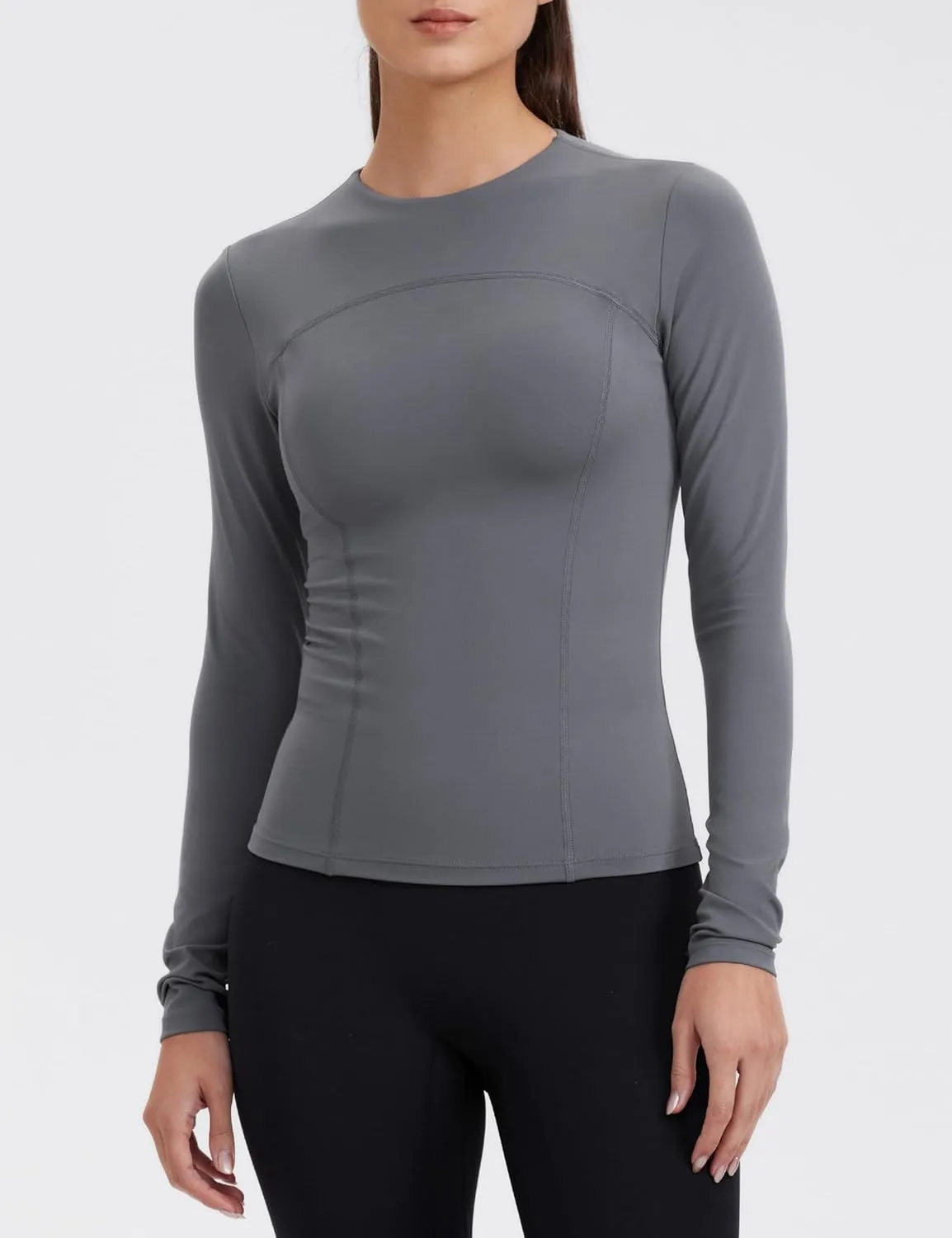 Womens Yoga Tops Long Sleeve Tight Workout Shirts Slim Fit Stretch Cream Feeling Gym Athletic Tee Crewneck