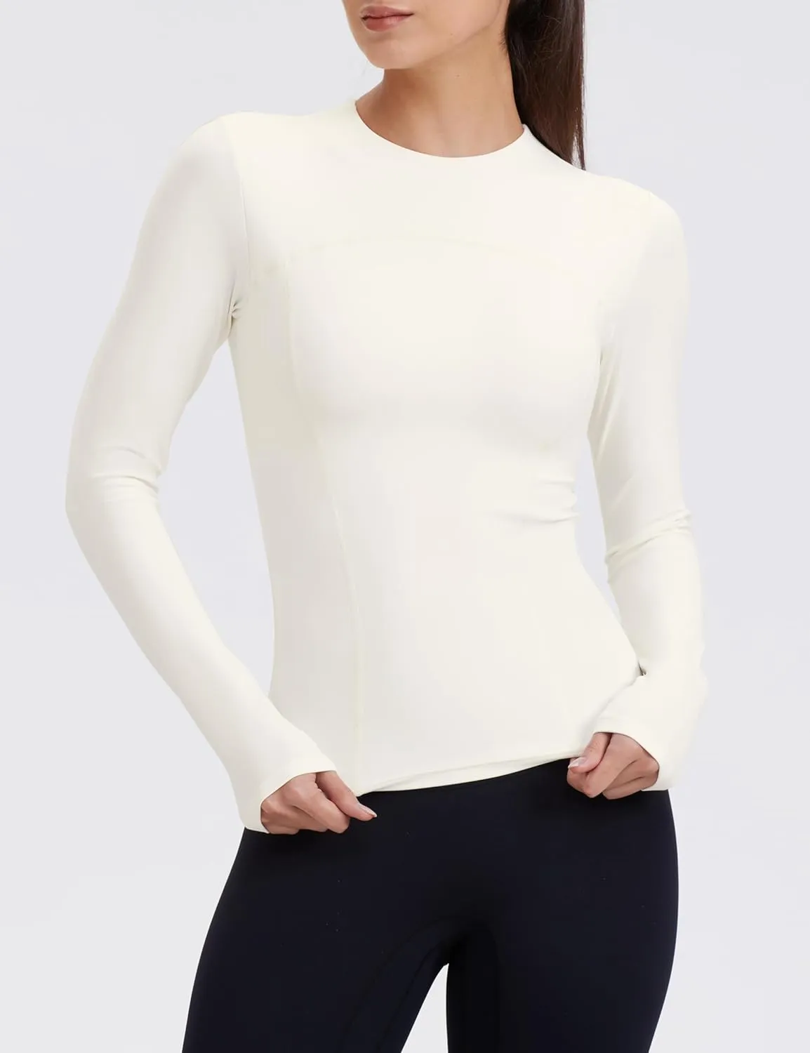 Womens Yoga Tops Long Sleeve Tight Workout Shirts Slim Fit Stretch Cream Feeling Gym Athletic Tee Crewneck