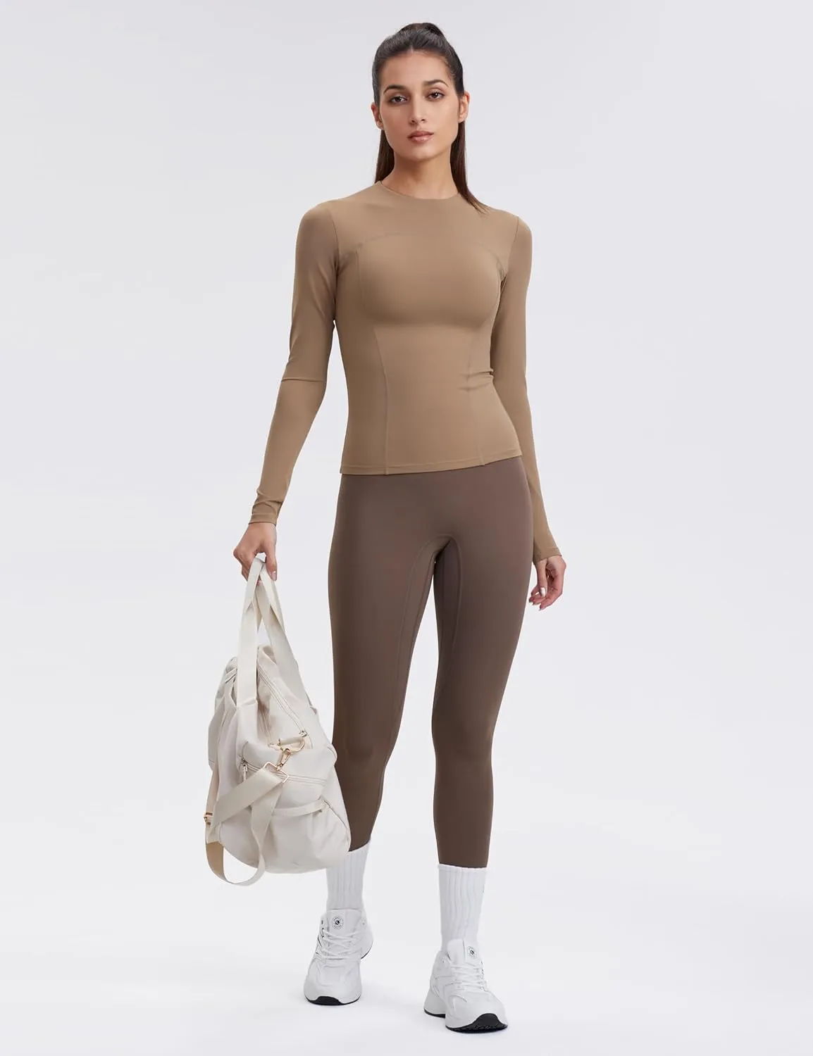 Womens Yoga Tops Long Sleeve Tight Workout Shirts Slim Fit Stretch Cream Feeling Gym Athletic Tee Crewneck