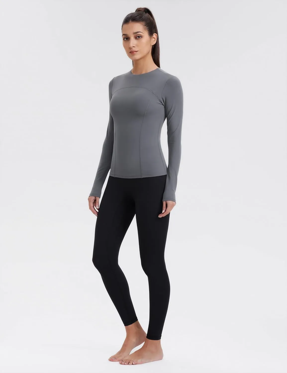 Womens Yoga Tops Long Sleeve Tight Workout Shirts Slim Fit Stretch Cream Feeling Gym Athletic Tee Crewneck