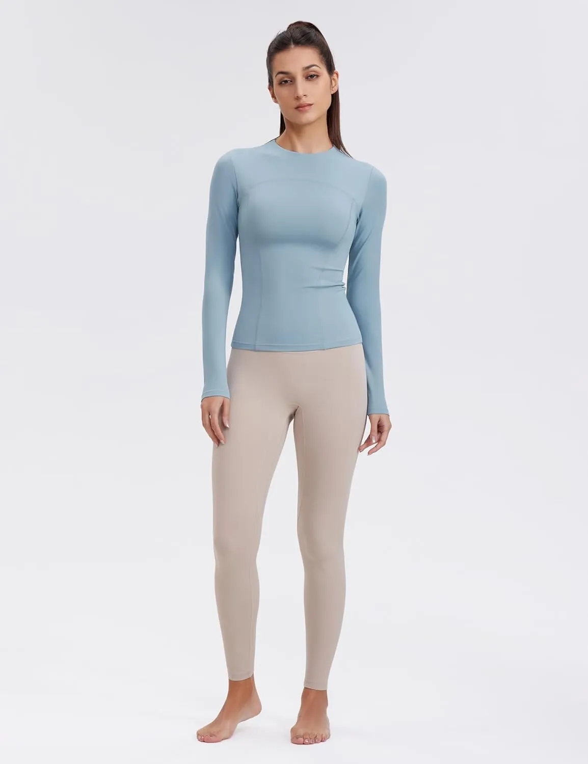Womens Yoga Tops Long Sleeve Tight Workout Shirts Slim Fit Stretch Cream Feeling Gym Athletic Tee Crewneck