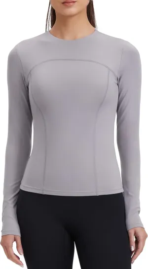 Womens Yoga Tops Long Sleeve Tight Workout Shirts Slim Fit Stretch Cream Feeling Gym Athletic Tee Crewneck