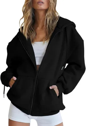Womens Zip Up Hoodies Long Sleeve Oversized Sweatshirts Jacket with Pockets 2024 Fall Outfits Fashion Y2K Clothes