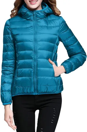 XUETON Womens Zip Up Lightweight Packable Down Puffer Jacket Autumn Winter Warm Hooded Windproof Water-Resistant Short Down Jacket Outerwear(Blue,Small)