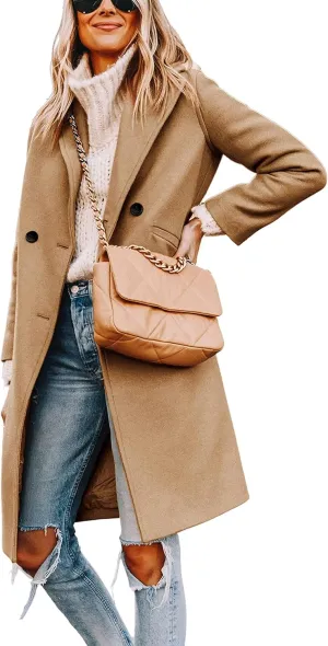 Yidarer Women's Wool Coat Mid-Long Notch Lapel Single Breasted Casual Trench Coats