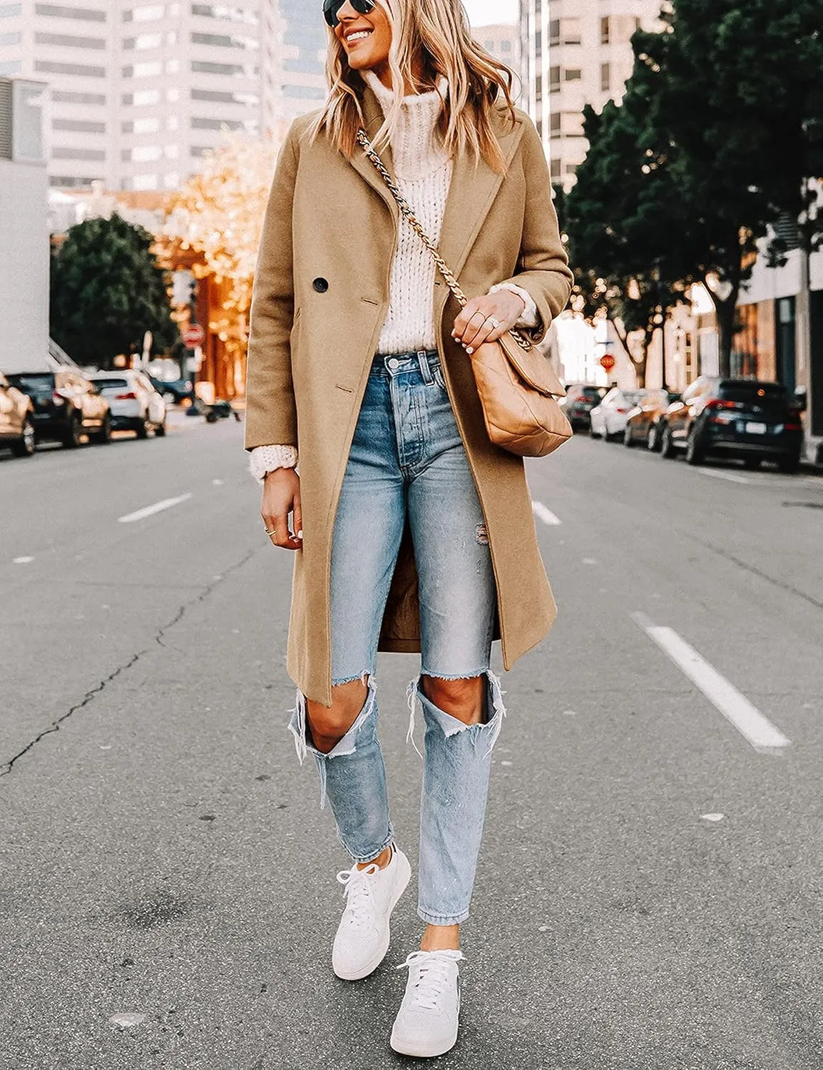 Yidarer Women's Wool Coat Mid-Long Notch Lapel Single Breasted Casual Trench Coats