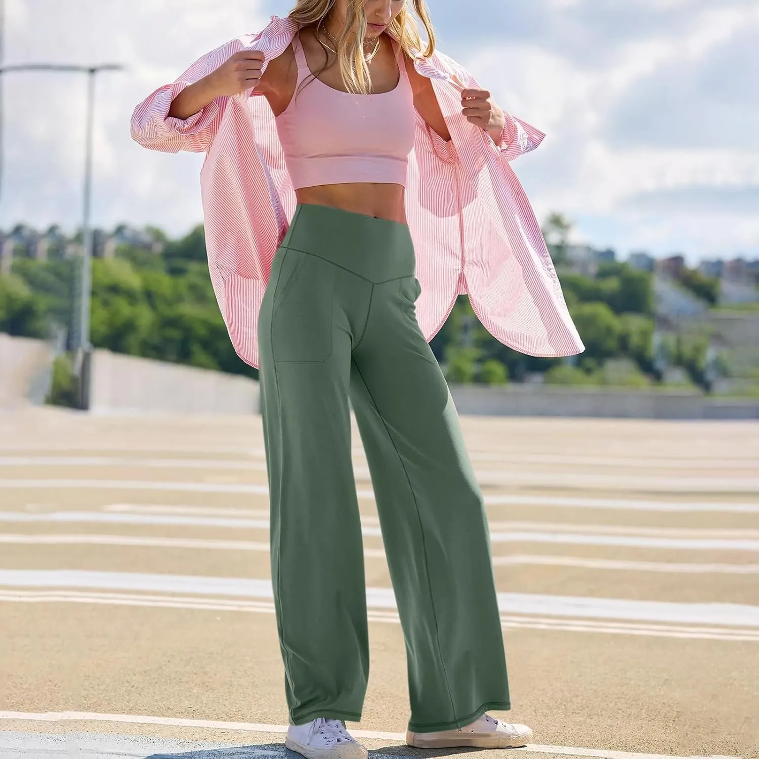 Yoga Pants for Women Wide Leg Strentch Straight Trousers Tummy Control Flare Leggings with Pockets Comfy Lounge Pant