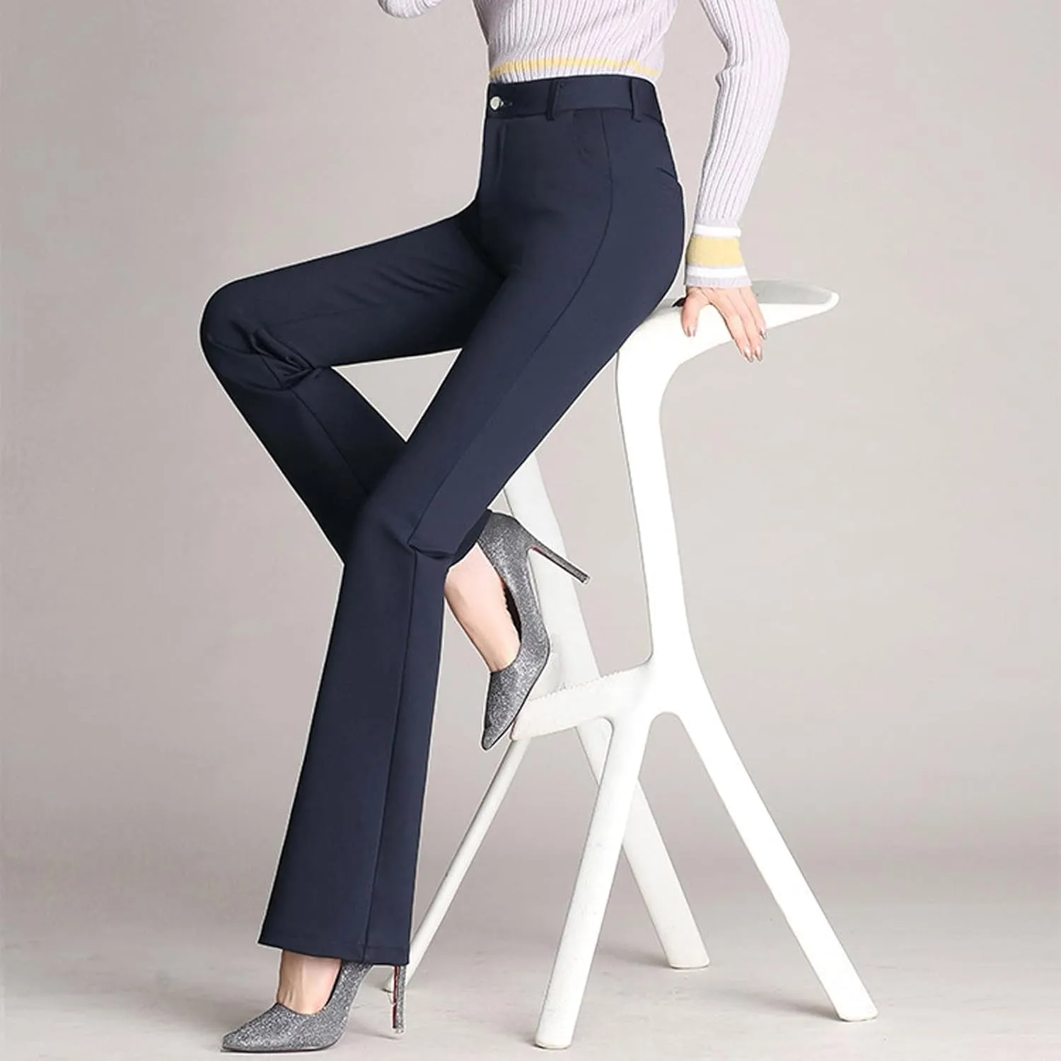 YOLAI Women High Waist Solid Straight Leg Pants Flared Pants Business Work Trousers with Pockets