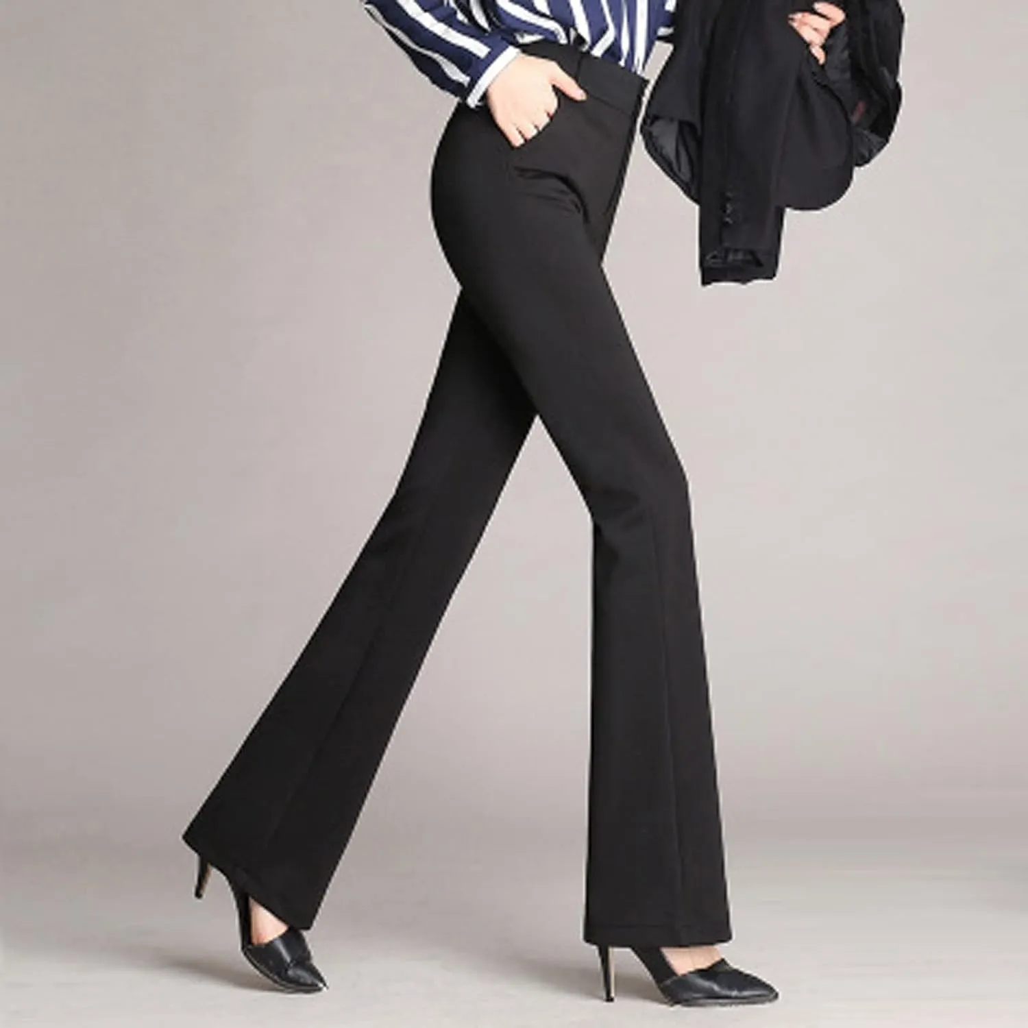 YOLAI Women High Waist Solid Straight Leg Pants Flared Pants Business Work Trousers with Pockets