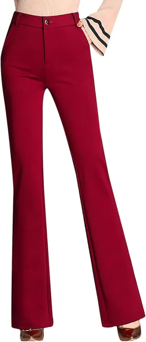 YOLAI Women High Waist Solid Straight Leg Pants Flared Pants Business Work Trousers with Pockets