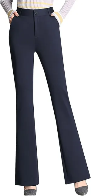YOLAI Women High Waist Solid Straight Leg Pants Flared Pants Business Work Trousers with Pockets