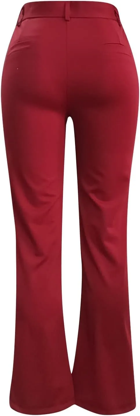 YOLAI Women High Waist Solid Straight Leg Pants Flared Pants Business Work Trousers with Pockets