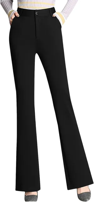YOLAI Women High Waist Solid Straight Leg Pants Flared Pants Business Work Trousers with Pockets