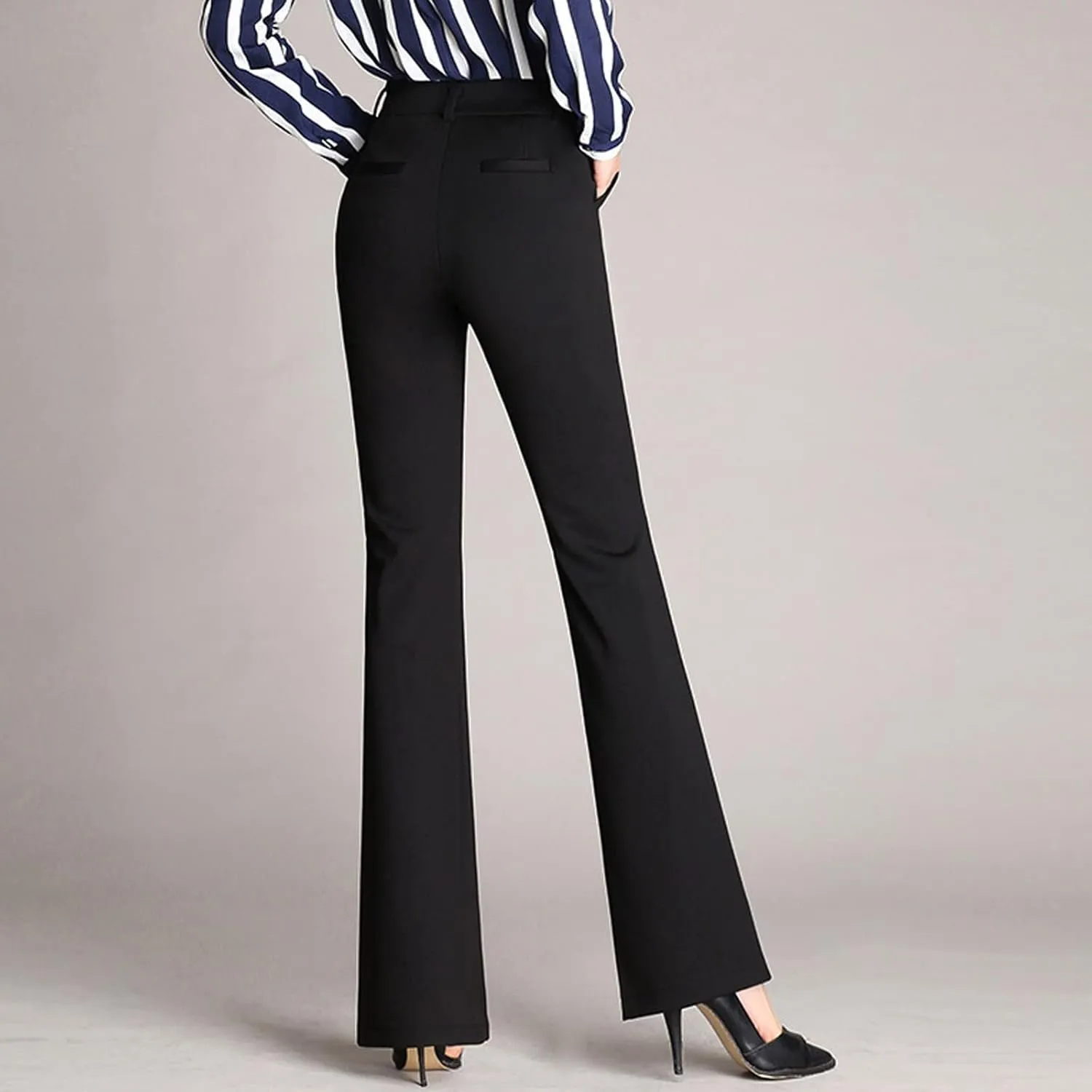 YOLAI Women High Waist Solid Straight Leg Pants Flared Pants Business Work Trousers with Pockets