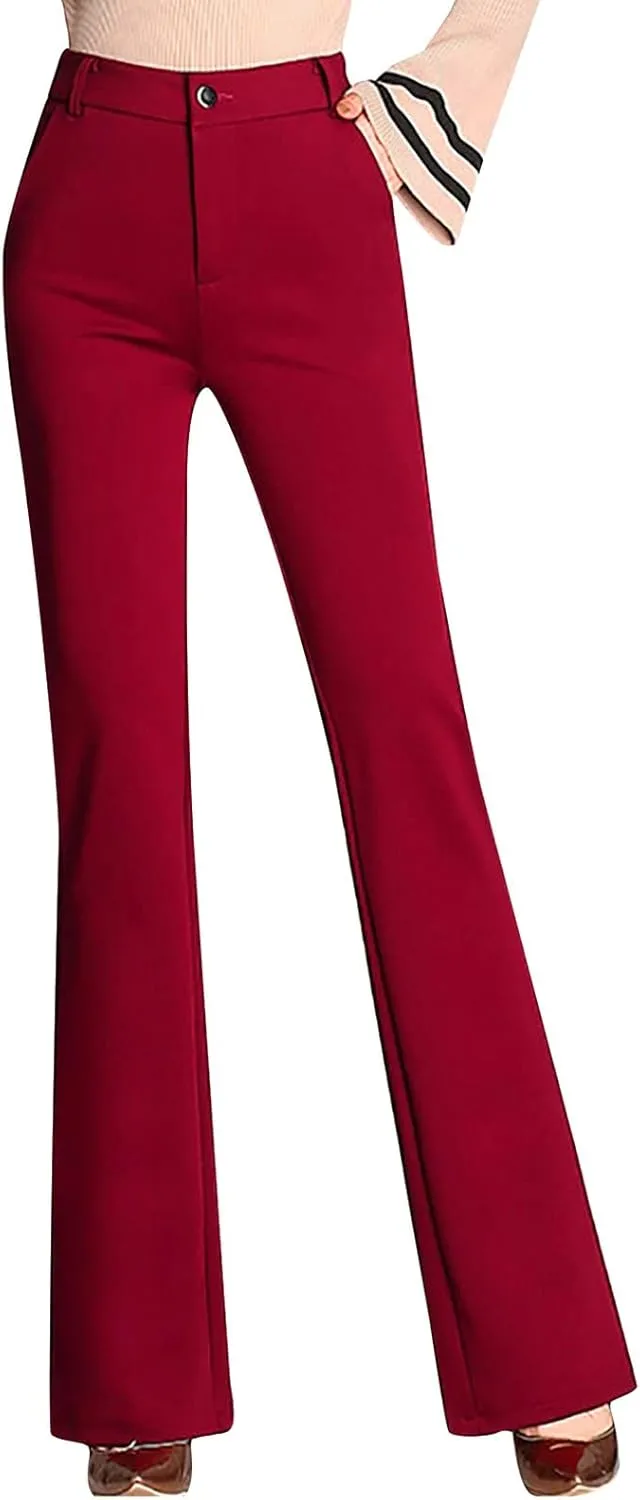 YOLAI Women High Waist Solid Straight Leg Pants Flared Pants Business Work Trousers with Pockets