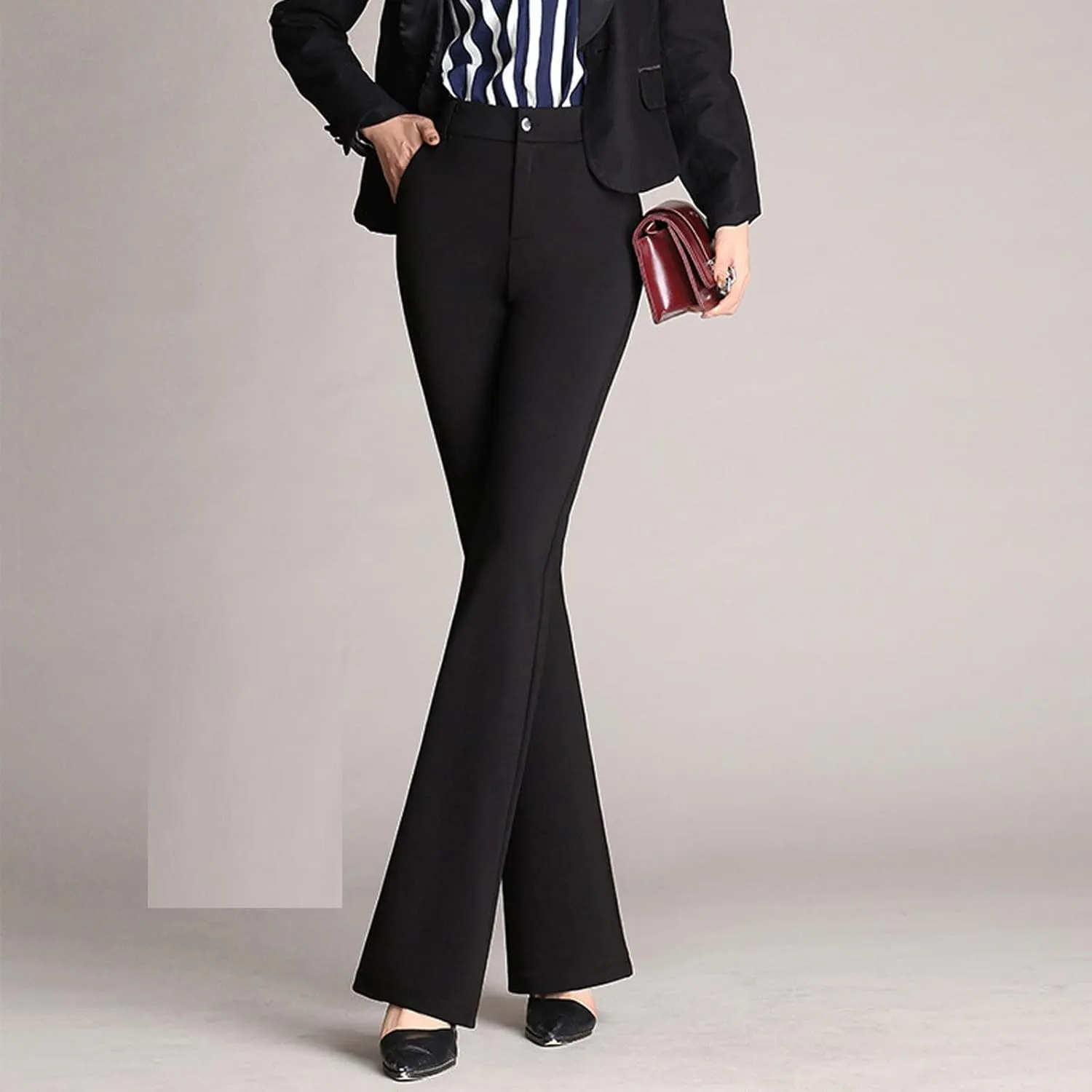 YOLAI Women High Waist Solid Straight Leg Pants Flared Pants Business Work Trousers with Pockets