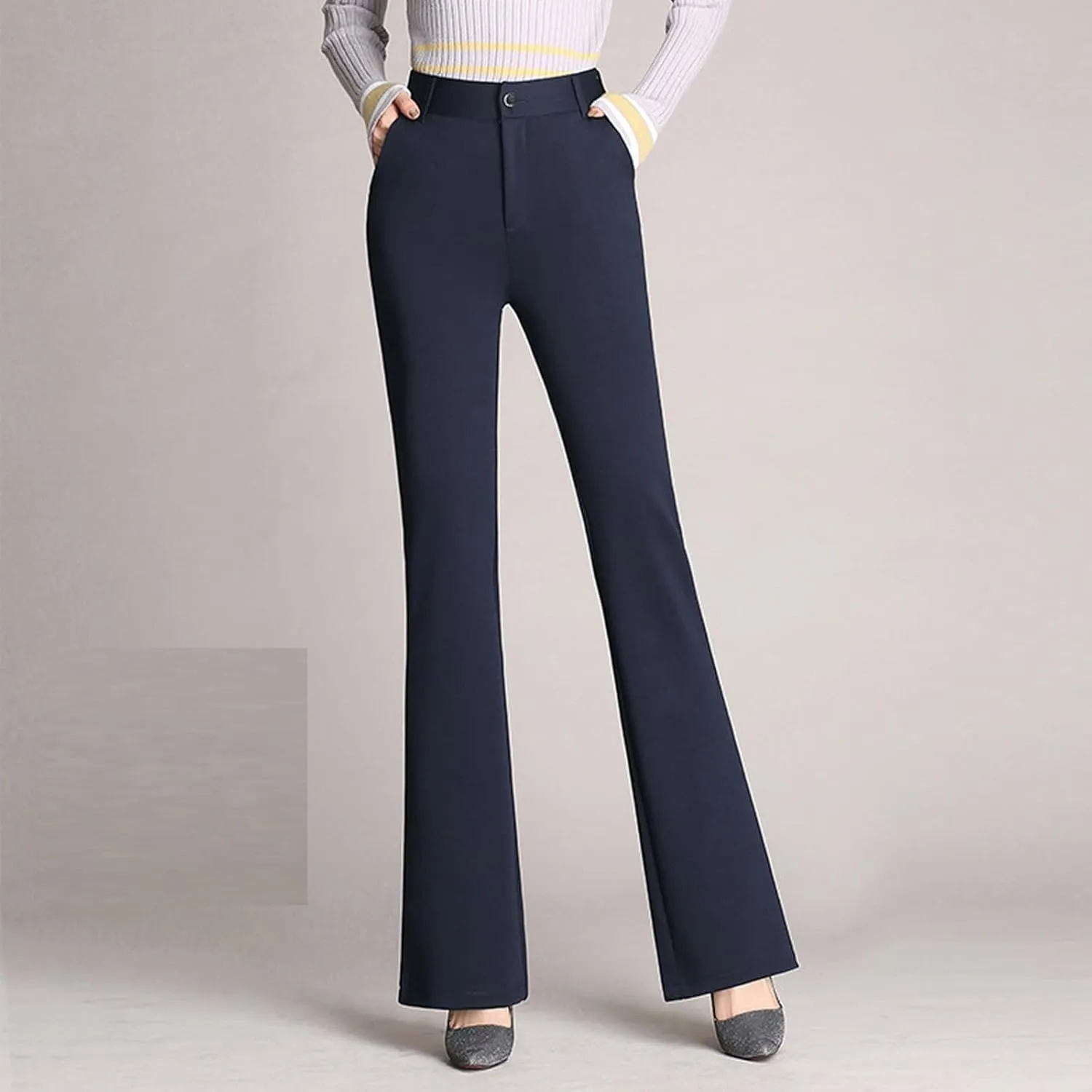 YOLAI Women High Waist Solid Straight Leg Pants Flared Pants Business Work Trousers with Pockets