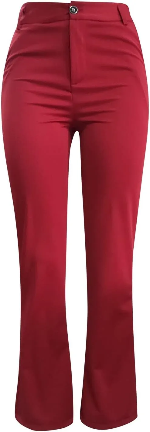 YOLAI Women High Waist Solid Straight Leg Pants Flared Pants Business Work Trousers with Pockets