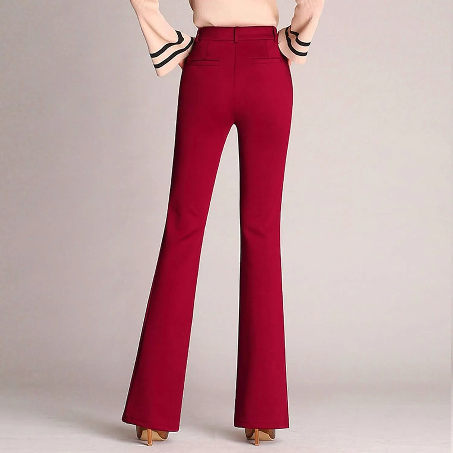 YOLAI Women High Waist Solid Straight Leg Pants Flared Pants Business Work Trousers with Pockets