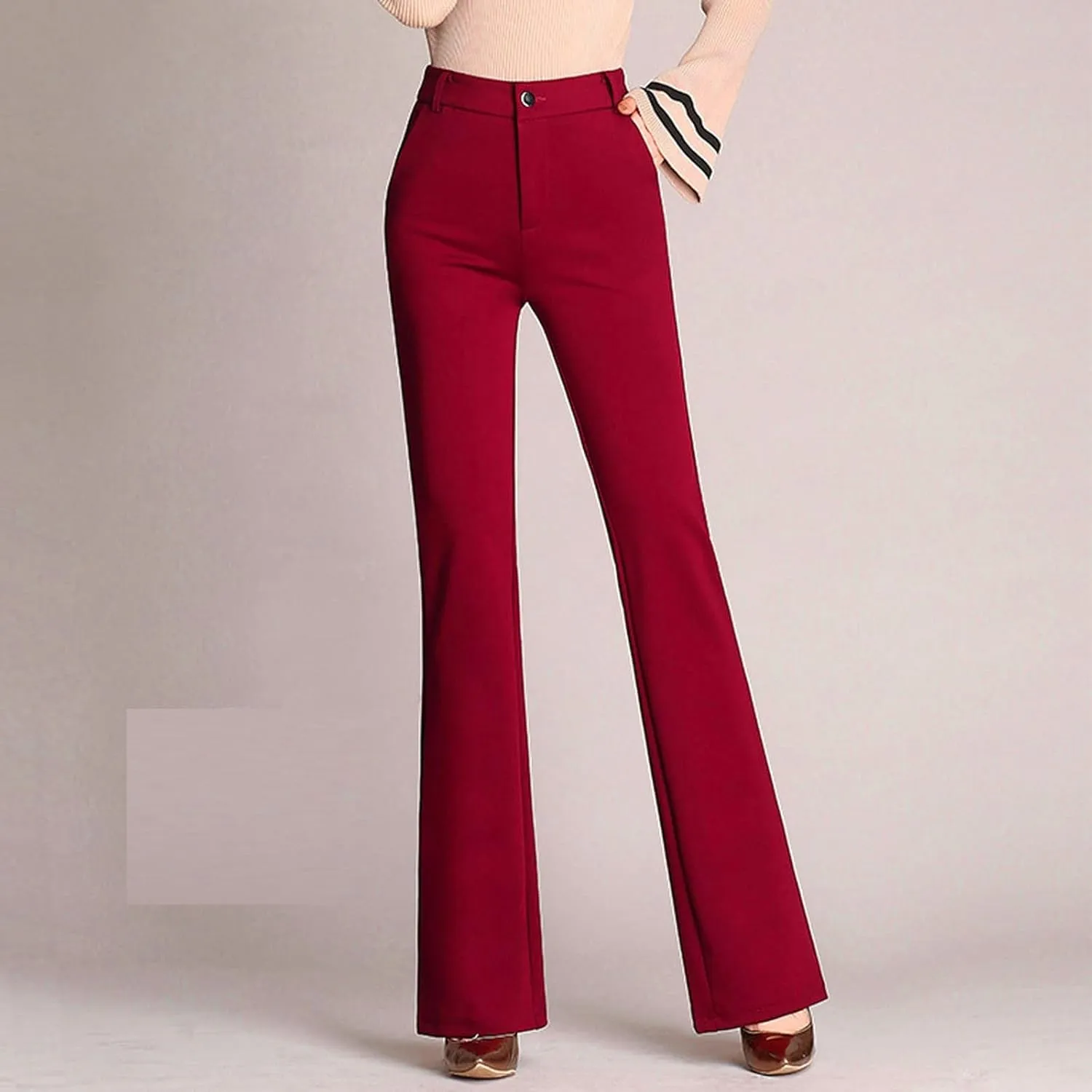 YOLAI Women High Waist Solid Straight Leg Pants Flared Pants Business Work Trousers with Pockets