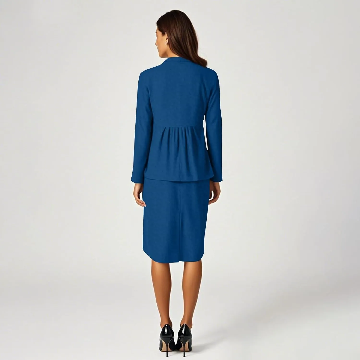 ZEFOTIM Skirt Suit Set for Women Petite Blazer Solid Color Curvy Long Sleeve Two Piece Jacket with Pocket