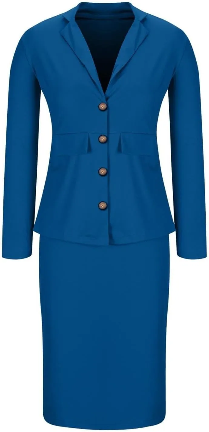 ZEFOTIM Skirt Suit Set for Women Petite Blazer Solid Color Curvy Long Sleeve Two Piece Jacket with Pocket