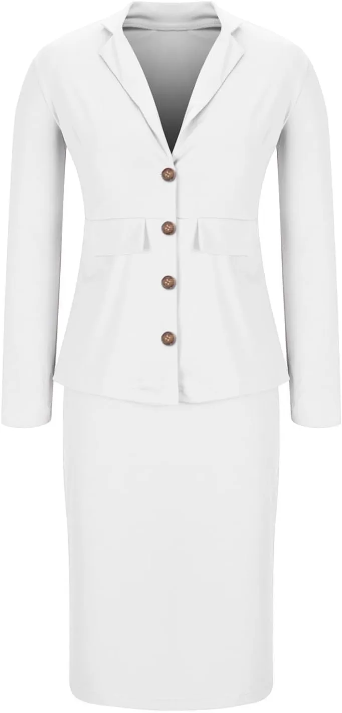 ZEFOTIM Skirt Suit Set for Women Petite Blazer Solid Color Curvy Long Sleeve Two Piece Jacket with Pocket