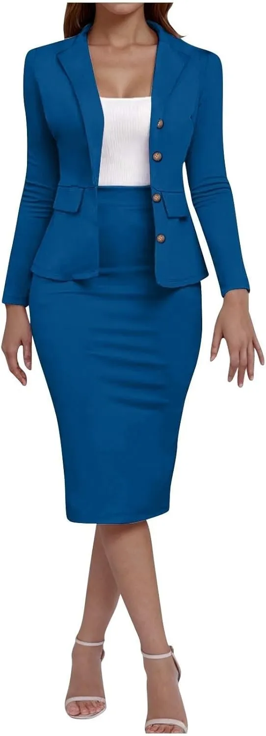 ZEFOTIM Skirt Suit Set for Women Petite Blazer Solid Color Curvy Long Sleeve Two Piece Jacket with Pocket