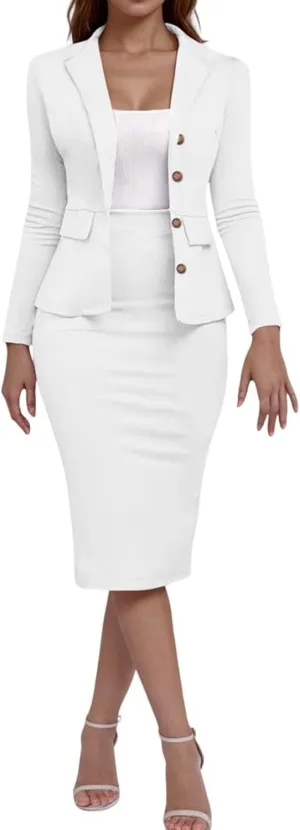 ZEFOTIM Skirt Suit Set for Women Petite Blazer Solid Color Curvy Long Sleeve Two Piece Jacket with Pocket