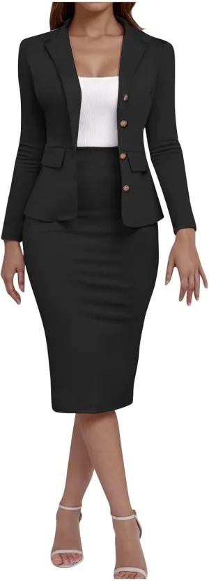 ZEFOTIM Skirt Suit Set for Women Petite Blazer Solid Color Curvy Long Sleeve Two Piece Jacket with Pocket