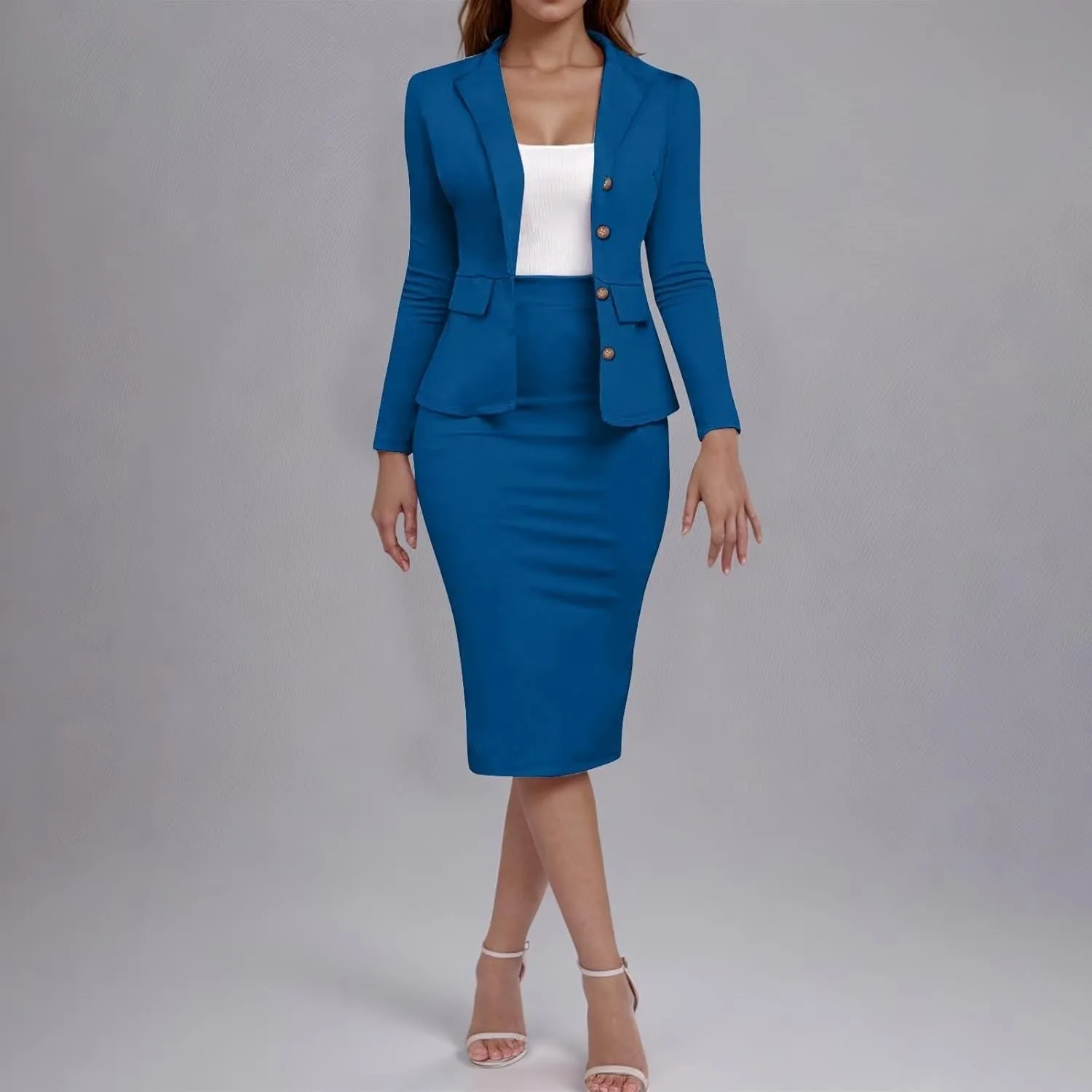 ZEFOTIM Skirt Suit Set for Women Petite Blazer Solid Color Curvy Long Sleeve Two Piece Jacket with Pocket