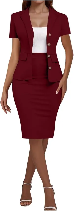 ZEFOTIM Skirt Suit Set for Women Professional Blazer Solid Color Petite Short Sleeve Two Piece Jacket with Pocket