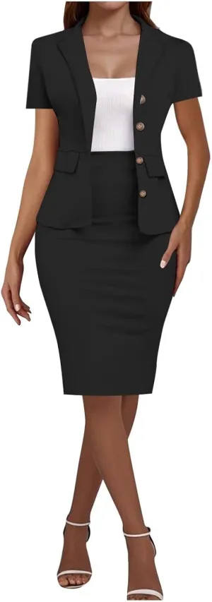 ZEFOTIM Skirt Suit Set for Women Professional Blazer Solid Color Petite Short Sleeve Two Piece Jacket with Pocket